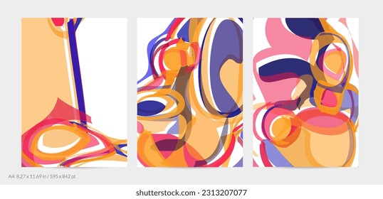 Plantilla de volante abstracta con textura de pincel acrílico brillante de gran escala sobre fondo blanco. Formas solapadas aleatorias con un aspecto acuoso suave. Diseño de fondo de pintura de líquido líquido.