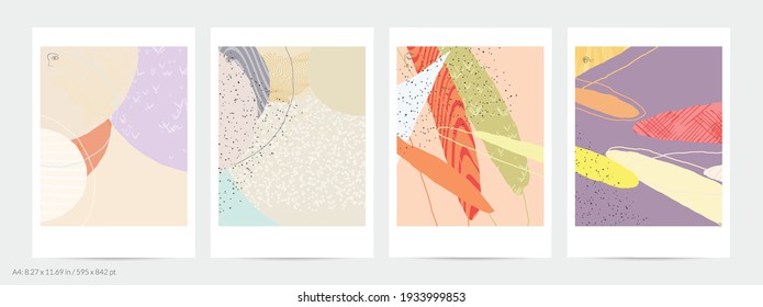 Abstract flyer template with lines and overlapping paint blobs. Contemporary simple composition. Modern art design. Natural color textured with spots and lines. Matte colors.