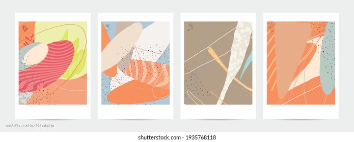 Abstract flyer template with lines and overlapping paint blobs. Contemporary simple composition. Modern art design. Natural color textured with spots and lines. Matte colors.