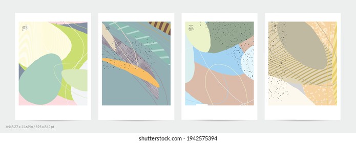 Abstract flyer template with lines and overlapping paint blobs. Contemporary simple composition. Modern art design. Natural color textured with spots and lines. Matte colors.