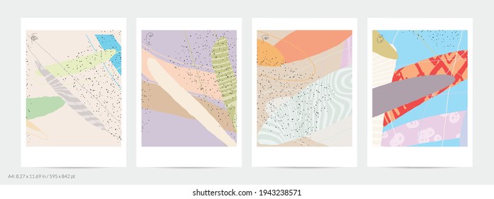 Abstract flyer template with lines and overlapping paint blobs. Contemporary simple composition. Modern art design. Natural color textured with spots and lines. Matte colors.
