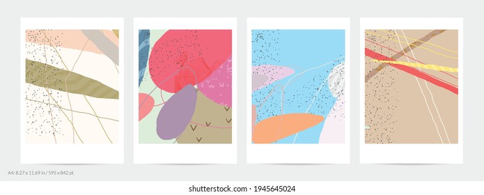 Abstract flyer template with lines and overlapping paint blobs. Contemporary simple composition. Modern art design. Natural color textured with spots and lines. Matte colors.