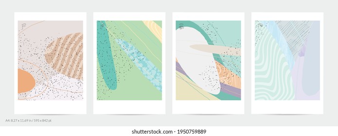 Abstract flyer template with lines and overlapping paint blobs. Contemporary simple composition. Modern art design. Natural color textured with spots and lines. Matte colors.