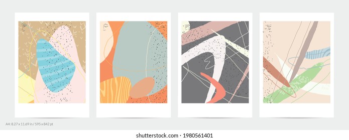 Abstract flyer template with lines and overlapping paint blobs. Contemporary simple composition. Modern art design. Natural color textured with spots and lines. Matte colors.