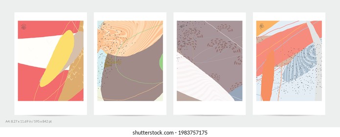 Abstract flyer template with lines and overlapping paint blobs. Contemporary simple composition. Modern art design. Natural color textured with spots and lines. Matte colors.