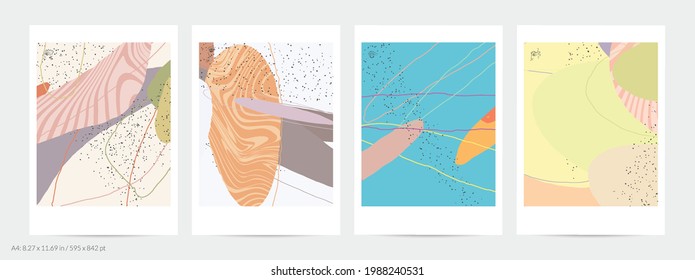 Plantilla de volante abstracta con líneas y manchas de pintura superpuestas. Composición simple contemporánea. Diseño de arte moderno. Color natural texturado con puntos y líneas. Colores mate.