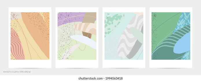 Abstract flyer template with lines and overlapping paint blobs. Contemporary simple composition. Modern art design. Natural color textured with spots and lines. Matte colors.