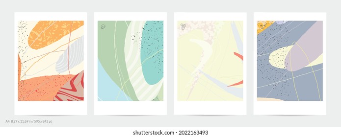 Abstract flyer template with lines and overlapping paint blobs. Contemporary simple composition. Modern art design. Natural color textured with spots and lines. Matte colors.