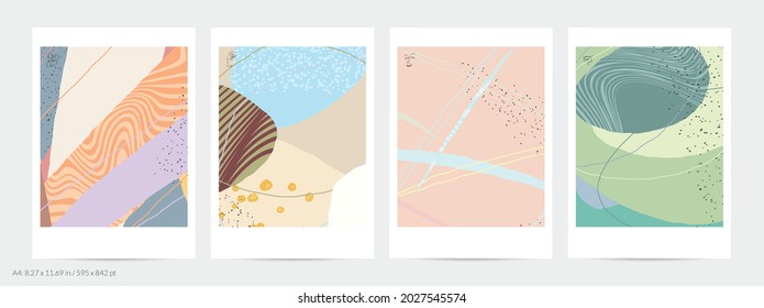 Plantilla de volante abstracta con líneas y manchas de pintura superpuestas. Composición simple contemporánea. Diseño de arte moderno. Color natural texturado con puntos y líneas. Colores mate.