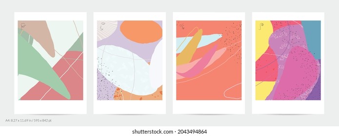 Abstract flyer template with lines and overlapping paint blobs. Contemporary simple composition. Modern art design. Natural color textured with spots and lines. Matte colors.