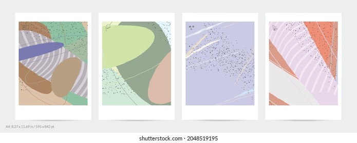 Abstract flyer template with lines and overlapping paint blobs. Contemporary simple composition. Modern art design. Natural color textured with spots and lines. Matte colors.