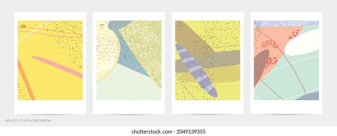 Abstract flyer template with lines and overlapping paint blobs. Contemporary simple composition. Modern art design. Natural color textured with spots and lines. Matte colors.