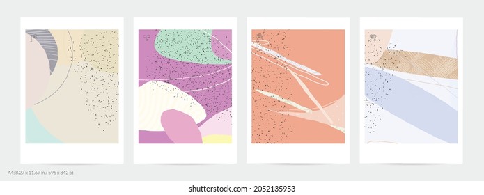 Abstract flyer template with lines and overlapping paint blobs. Contemporary simple composition. Modern art design. Natural color textured with spots and lines. Matte colors.