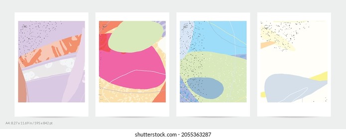 Abstract flyer template with lines and overlapping paint blobs. Contemporary simple composition. Modern art design. Natural color textured with spots and lines. Matte colors.