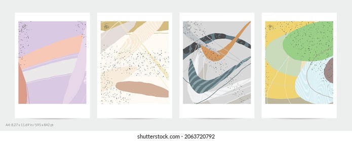 Abstract flyer template with lines and overlapping paint blobs. Contemporary simple composition. Modern art design. Natural color textured with spots and lines. Matte colors.