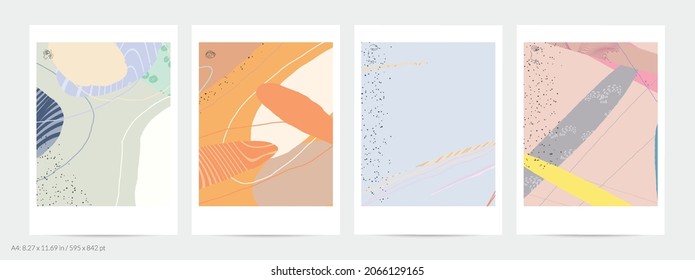 Abstract flyer template with lines and overlapping paint blobs. Contemporary simple composition. Modern art design. Natural color textured with spots and lines. Matte colors.