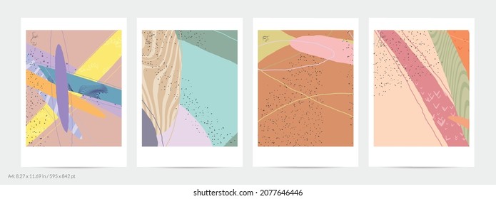Plantilla de volante abstracta con líneas y manchas de pintura superpuestas. Composición simple contemporánea. Diseño de arte moderno. Color natural texturado con puntos y líneas. Colores mate.