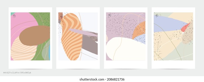 Abstract flyer template with lines and overlapping paint blobs. Contemporary simple composition. Modern art design. Natural color textured with spots and lines. Matte colors.