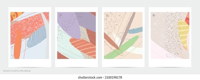 Abstract flyer template with lines and overlapping paint blobs. Contemporary simple composition. Modern art design. Natural color textured with spots and lines. Matte colors.