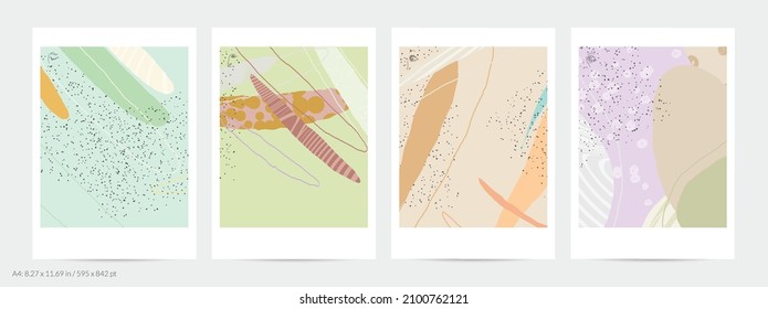 Abstract flyer template with lines and overlapping paint blobs. Contemporary simple composition. Modern art design. Natural color textured with spots and lines. Matte colors.