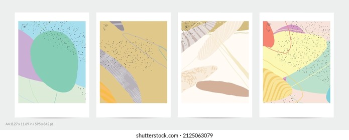 Abstract flyer template with lines and overlapping paint blobs. Contemporary simple composition. Modern art design. Natural color textured with spots and lines. Matte colors.
