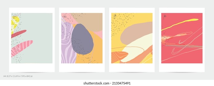 Abstract flyer template with lines and overlapping paint blobs. Contemporary simple composition. Modern art design. Natural color textured with spots and lines. Matte colors.