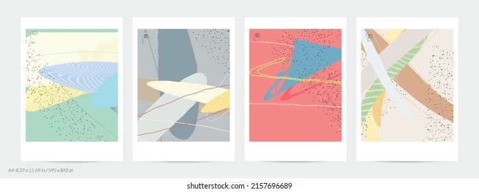 Abstract flyer template with lines and overlapping paint blobs. Contemporary simple composition. Modern art design. Natural color textured with spots and lines. Matte colors.