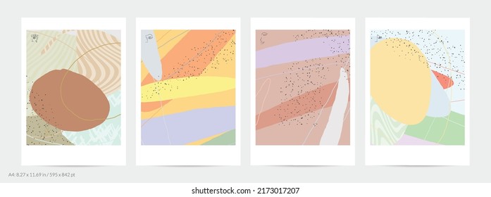 Abstract flyer template with lines and overlapping paint blobs. Contemporary simple composition. Modern art design. Natural color textured with spots and lines. Matte colors.