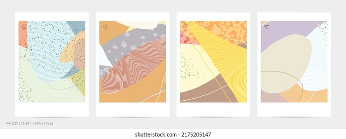 Abstract flyer template with lines and overlapping paint blobs. Contemporary simple composition. Modern art design. Natural color textured with spots and lines. Matte colors.