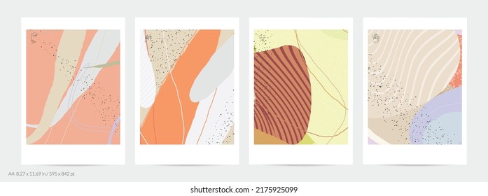 Abstract flyer template with lines and overlapping paint blobs. Contemporary simple composition. Modern art design. Natural color textured with spots and lines. Matte colors.