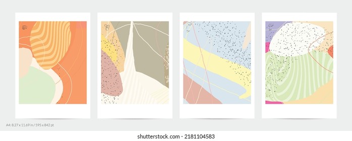 Abstract flyer template with lines and overlapping paint blobs. Contemporary simple composition. Modern art design. Natural color textured with spots and lines. Matte colors.