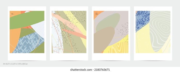 Abstract flyer template with lines and overlapping paint blobs. Contemporary simple composition. Modern art design. Natural color textured with spots and lines. Matte colors.