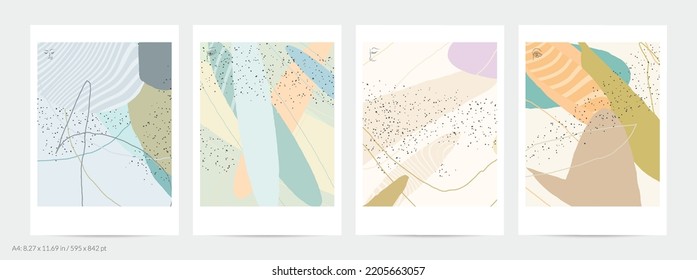 Abstract flyer template with lines and overlapping paint blobs. Contemporary simple composition. Modern art design. Natural color textured with spots and lines. Matte colors.