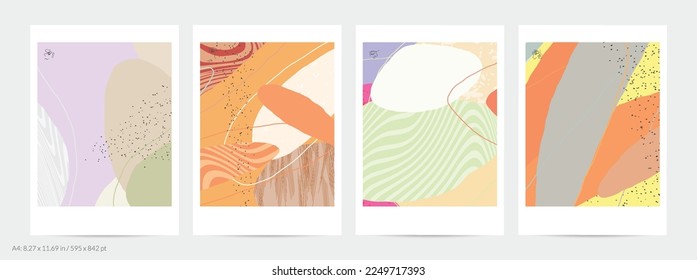 Abstract flyer template with lines and overlapping paint blobs. Contemporary simple composition. Modern art design. Natural color textured with spots and lines. Matte colors.