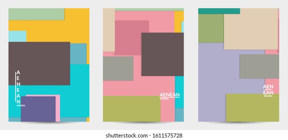 Abstract flyer template with paper cut overlapping geometric shapes. Top view of retro colored vector background objects. Flat lay material design. Artistic geometric pattern. Vector illustration. 
