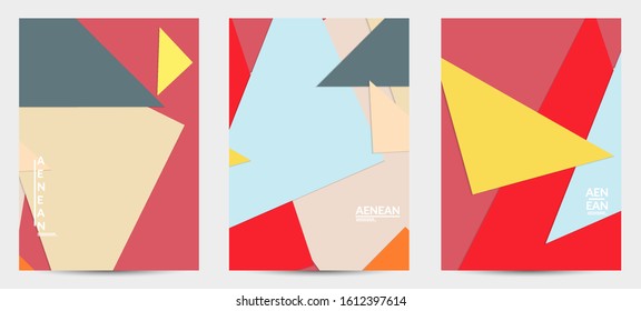 Abstract flyer template with paper cut overlapping geometric shapes. Top view of retro colored vector background objects. Flat lay material design. Artistic geometric pattern. Vector illustration. 