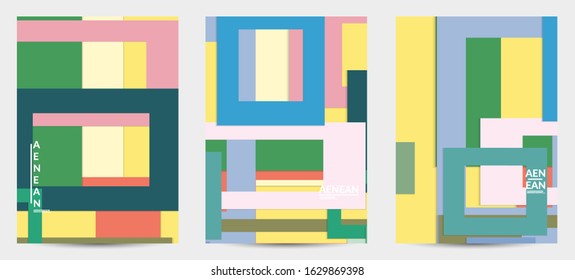 Abstract flyer template with paper cut overlapping geometric shapes. Top view of retro colored vector background objects. Flat lay material design. Artistic geometric pattern. Vector illustration. 