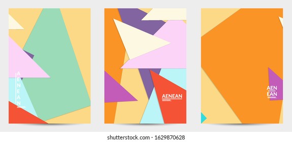 Abstract flyer template with paper cut overlapping geometric shapes. Top view of retro colored vector background objects. Flat lay material design. Artistic geometric pattern. Vector illustration. 