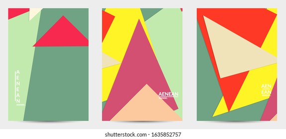 Abstract flyer template with paper cut overlapping geometric shapes. Top view of retro colored vector background objects. Flat lay material design. Artistic geometric pattern. Vector illustration. 