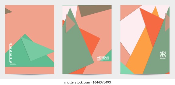 Abstract flyer template with paper cut overlapping geometric shapes. Top view of retro colored vector background objects. Flat lay material design. Artistic geometric pattern. Vector illustration. 