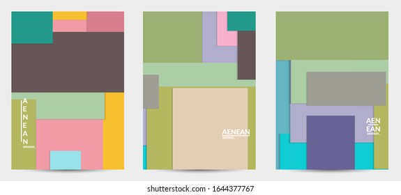 Abstract flyer template with paper cut overlapping geometric shapes. Top view of retro colored vector background objects. Flat lay material design. Artistic geometric pattern. Vector illustration. 