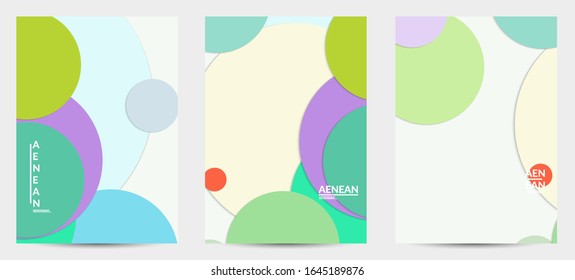 Abstract flyer template with paper cut overlapping geometric shapes. Top view of retro colored vector background objects. Flat lay material design. Artistic geometric pattern. Vector illustration. 