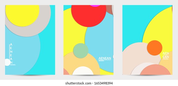 Abstract flyer template with paper cut overlapping geometric shapes. Top view of retro colored vector background objects. Flat lay material design. Artistic geometric pattern. Vector illustration. 