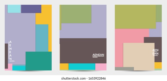 Abstract flyer template with paper cut overlapping geometric shapes. Top view of retro colored vector background objects. Flat lay material design. Artistic geometric pattern. Vector illustration. 