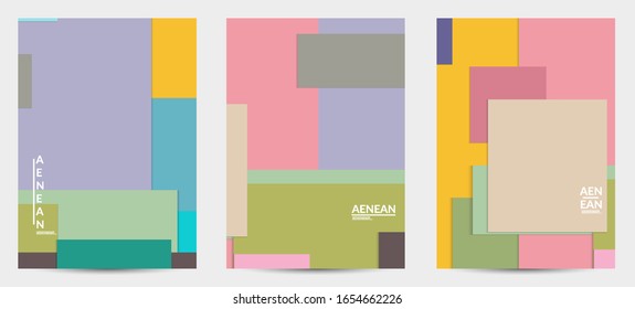 Abstract flyer template with paper cut overlapping geometric shapes. Top view of retro colored vector background objects. Flat lay material design. Artistic geometric pattern. Vector illustration. 