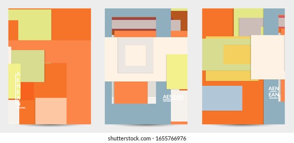 Abstract flyer template with paper cut overlapping geometric shapes. Top view of retro colored vector background objects. Flat lay material design. Artistic geometric pattern. Vector illustration. 
