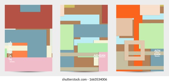Abstract flyer template with paper cut overlapping geometric shapes. Top view of retro colored vector background objects. Flat lay material design. Artistic geometric pattern. Vector illustration. 