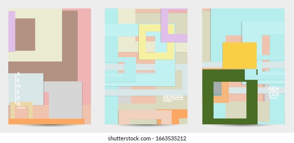 Abstract flyer template with paper cut overlapping geometric shapes. Top view of retro colored vector background objects. Flat lay material design. Artistic geometric pattern. Vector illustration. 