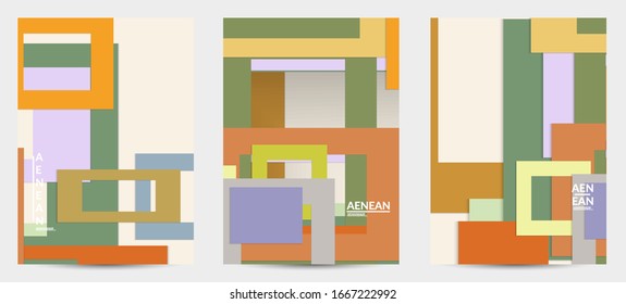 Abstract flyer template with paper cut overlapping geometric shapes. Top view of retro colored vector background objects. Flat lay material design. Artistic geometric pattern. Vector illustration. 