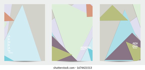 Abstract flyer template with paper cut overlapping geometric shapes. Top view of retro colored vector background objects. Flat lay material design. Artistic geometric pattern. Vector illustration. 